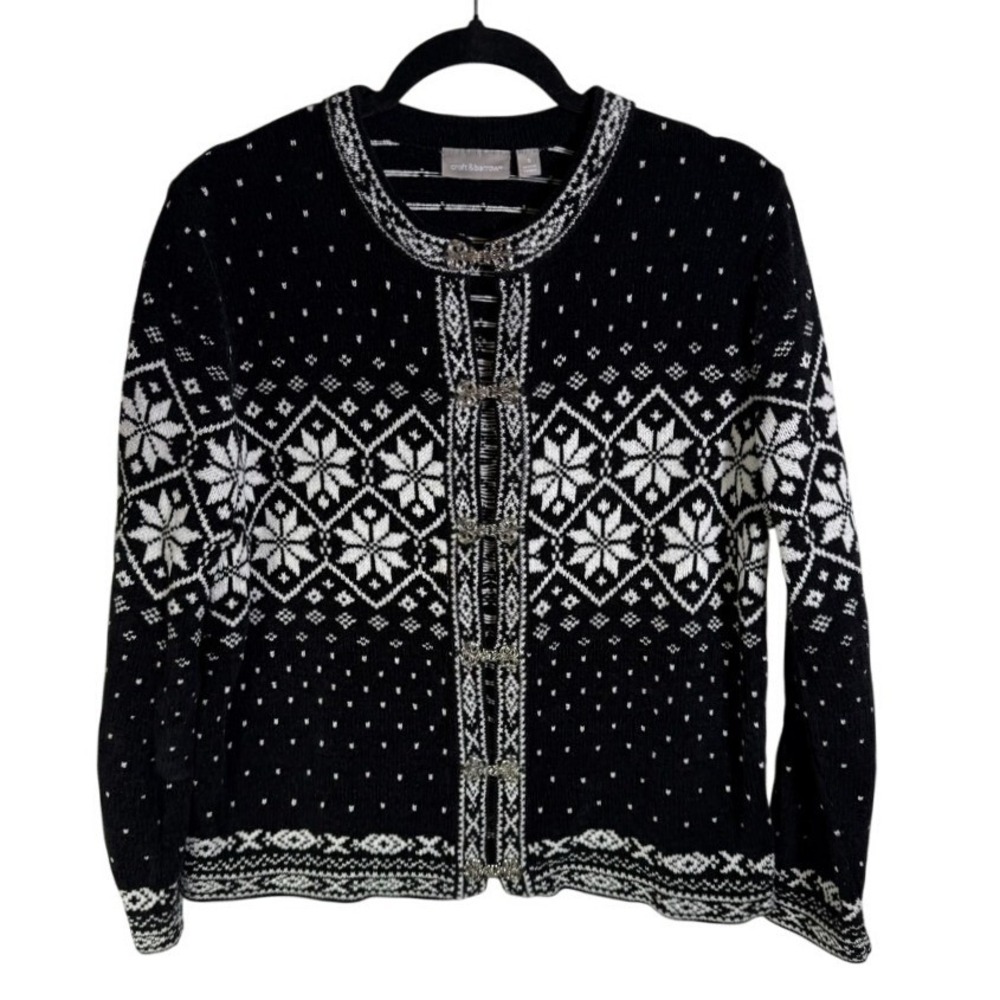 Croft & Barrow Nordic Fair Isle Cardigan Black White Metal Clasp Small